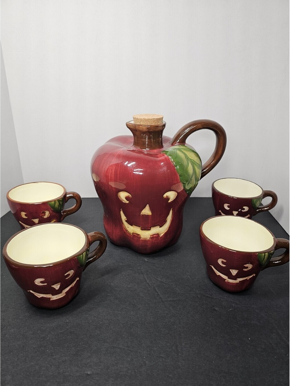 Vintage Halloween Jack-O-Lantern Pumpkin Cider Jug + 4 Mugs